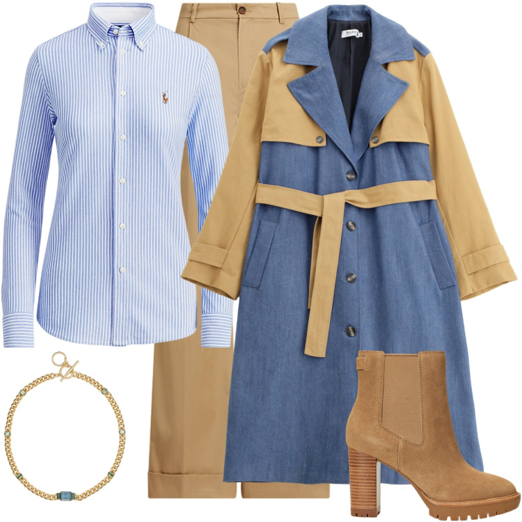 Outfit donna - Trench con denim. Stile Casual chic per Tutti i giorni. Abbinamento con trench, camicie, pantaloni, stivaletti chelsea, collane.