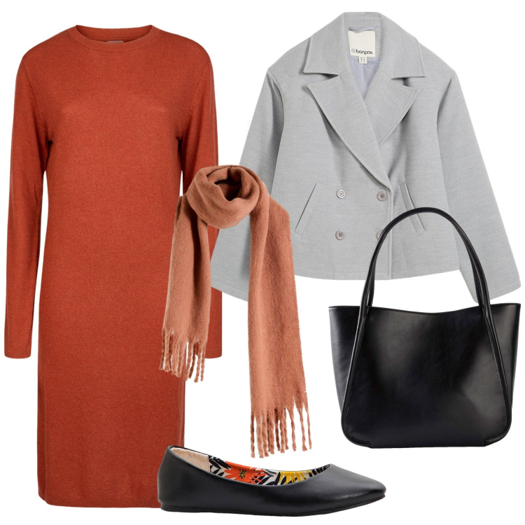 Outfit donna - Un tocco di vivacità. Stile Trendy per Tutti i giorni. Abbinamento con caban, ballerine, shopping bag, sciarpe, vestiti midi/longuette.