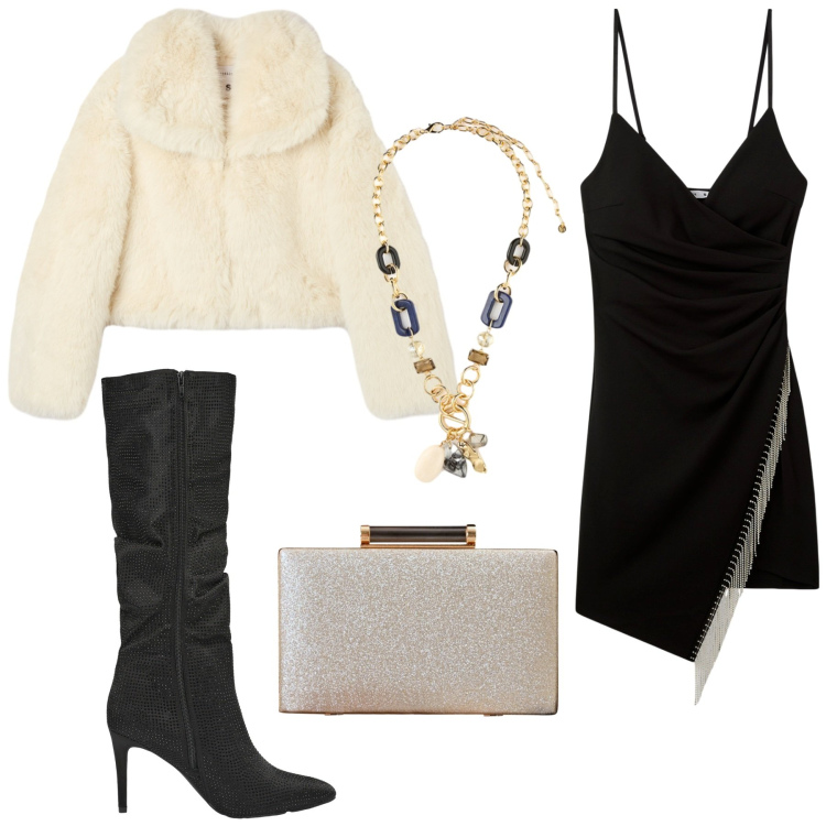 Outfit donna - Serata in discoteca. Stile Glamour per Serata fuori. Abbinamento con vestiti corti, stivali, ecopellicce, clutch, collane.
