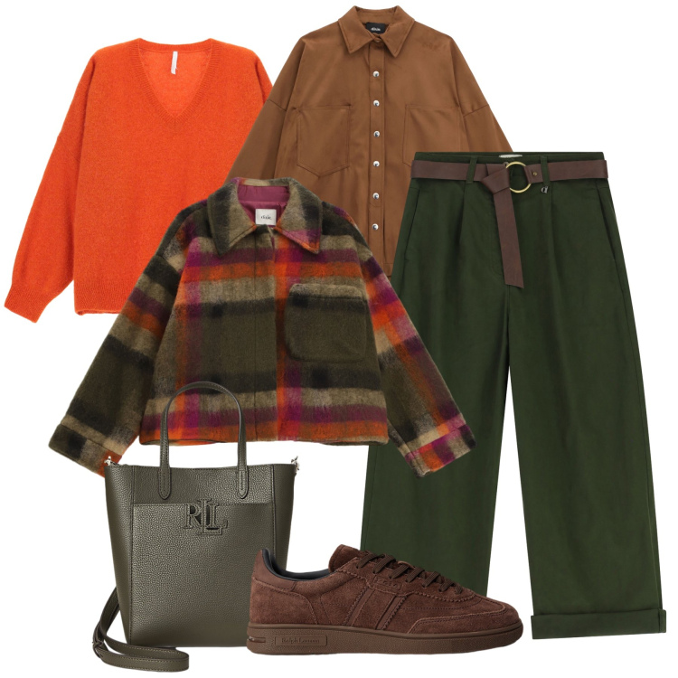 Outfit donna - Autunno a strati. Stile Urban per Tutti i giorni. Abbinamento con maglieria, pantaloni, camicie, cappotti, borse tote, sneakers.