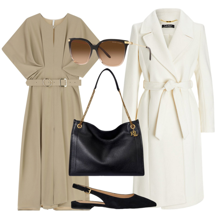 Outfit donna - Essenziale di classe. Stile Minimal per Ufficio. Abbinamento con vestiti lunghi, borse tote, occhiali da sole, cappotti, ballerine.