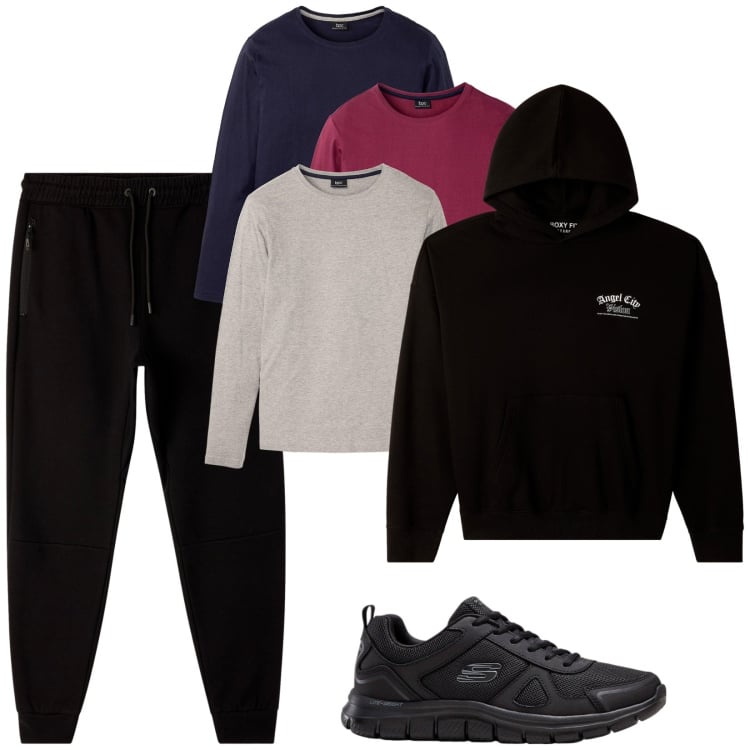 Outfit uomo - Total look #2263087. Stile Urban per Sport. Abbinamento con sneakers, maglieria, felpe con cappuccio, pantaloni sportivi.
