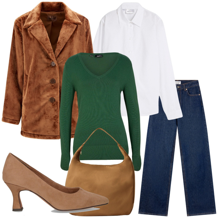 Outfit donna - La domenica mattina. Stile Trendy per Tutti i giorni. Abbinamento con camicie, maglieria, borse a mano, jeans, cappotti, décolleté.