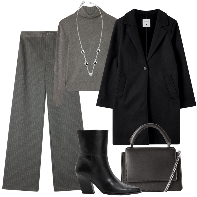 Outfit donna - Rigore in ufficio. Stile Minimal per Ufficio. Abbinamento con stivaletti, borse a tracolla, pantaloni, cappotti, maglieria, collane.
