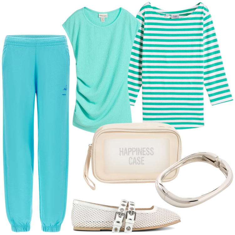 Outfit donna - Tiffany color is happiness. Stile Casual chic per Tutti i giorni. Abbinamento con maglieria, braccialetti, maglieria, valigie, pantaloni, ballerine.