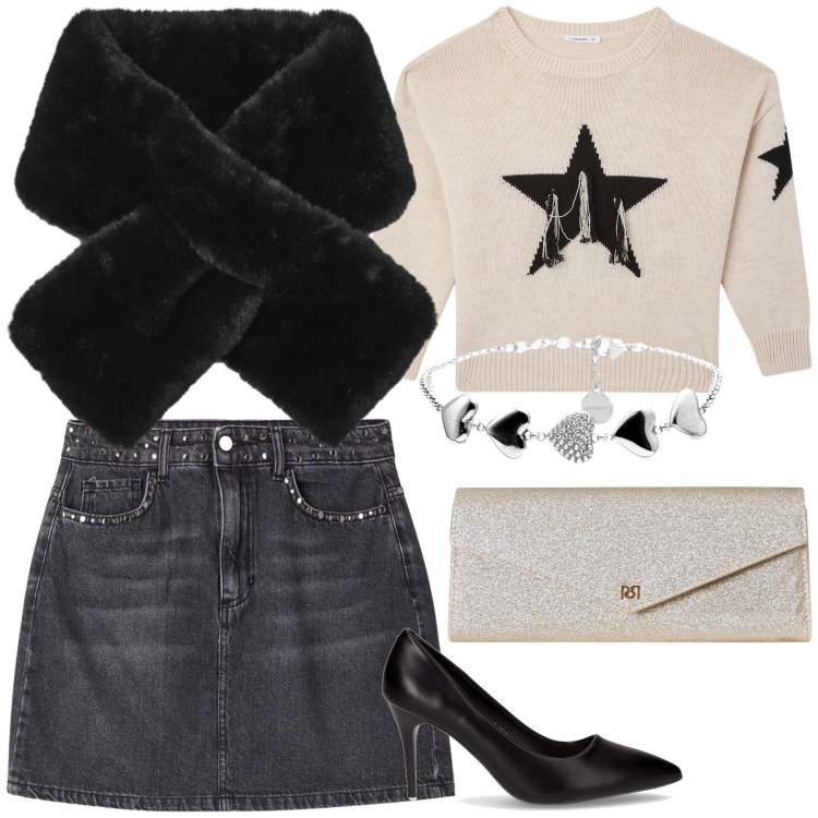 Outfit donna - Aperitivo a deux sotto le stelle. Stile Glamour per Serata fuori. Abbinamento con maglieria, sciarpe, minigonne, pochette, braccialetti, décolleté.