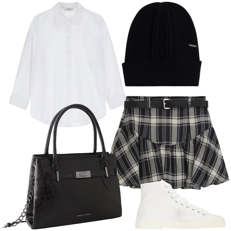 Outfit donna - Ufficio un po’ preppy. Stile Preppy per Ufficio. Abbinamento con borse a mano, camicie, minigonne, cappelli, sneakers alte.