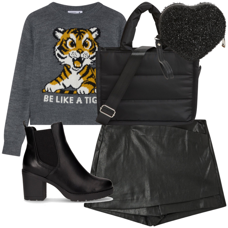 Outfit donna - Un consiglio di cuore. Stile Trendy per Tutti i giorni. Abbinamento con shopping bag, portafogli, minigonne, maglieria, stivaletti chelsea.