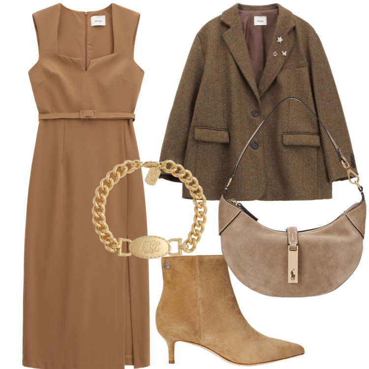 Outfit donna - L ufficio con riunione. Stile Bon Ton per Ufficio. Abbinamento con vestiti midi/longuette, blazer, borse a spalla, stivaletti, braccialetti.