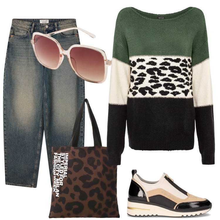 Outfit donna - Original look. Stile Trendy per Tutti i giorni. Abbinamento con maglieria, occhiali da sole, jeans, shopping bag, sneakers alte.