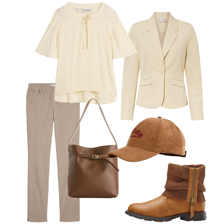 Outfit donna - Total look #2263105. Stile Urban per Tutti i giorni. Abbinamento con blazer, pantaloni, tuniche, stivaletti, borse a mano, cappelli con visiera.