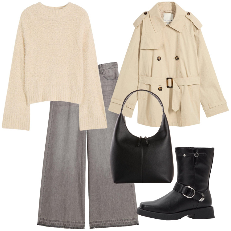 Outfit donna - Total look #2263107. Stile Urban per Tutti i giorni. Abbinamento con jeans, maglieria, trench, stivaletti, shopping bag.