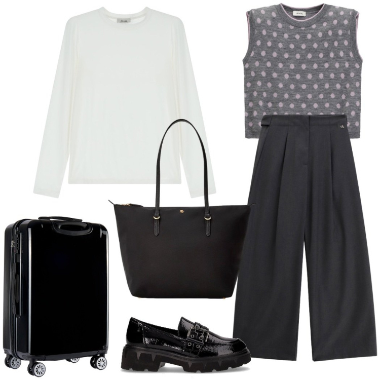 Outfit donna - Viaggio di lavoro. Stile Minimal per Tutti i giorni. Abbinamento con maglieria, t-shirt, pantaloni a palazzo, valigie, borse tote, mocassini.