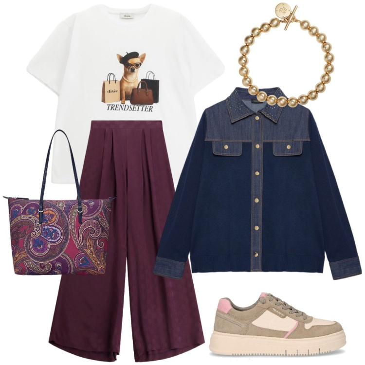 Outfit donna - In ufficio. Stile Casual chic per Ufficio. Abbinamento con t-shirt, pantaloni a palazzo, braccialetti, borse tote, cardigans, sneakers.