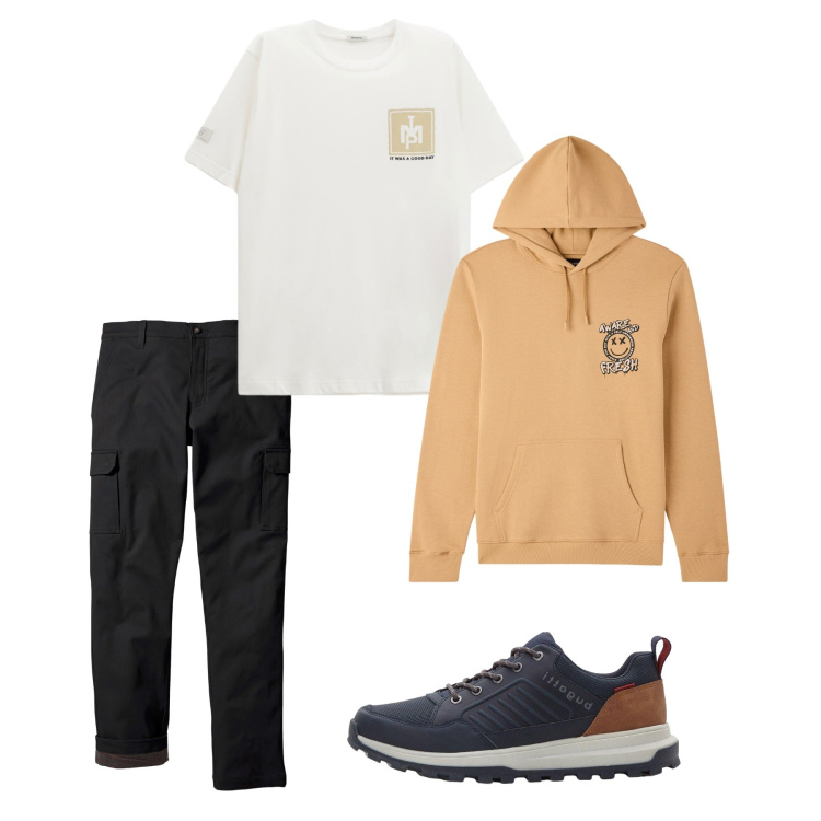 Outfit uomo - Total look #2263110. Stile Casual Abbinamento con pantaloni cargo, sneakers, felpe con cappuccio, t-shirt.