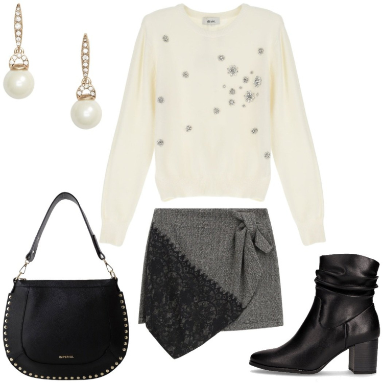 Outfit donna - Total look #2263111. Stile Preppy per Serata fuori. Abbinamento con minigonne, maglieria, borse a spalla, orecchini, stivaletti.