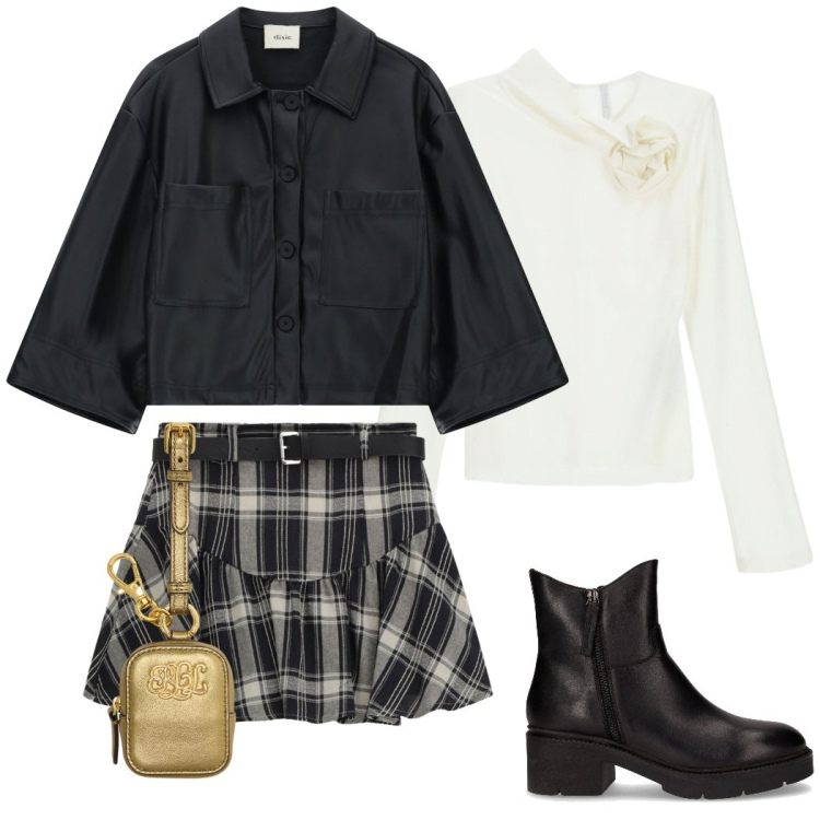 Outfit donna - Urban style. Stile Casual chic per Tutti i giorni. Abbinamento con minigonne, blazer, t-shirt, pochette, stivaletti.