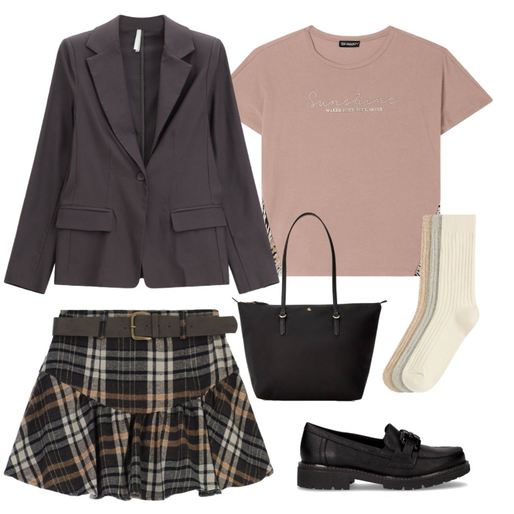 Outfit donna - Total look #2263113. Stile Preppy per Scuola/Università. Abbinamento con calzini, minigonne, blazer, t-shirt, borse tote, mocassini.