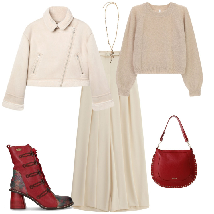 Outfit donna - Casual chic. Stile Sporty chic per Tutti i giorni. Abbinamento con giacche, pantaloni a palazzo, maglieria, borse a spalla, stivaletti, ciondoli.