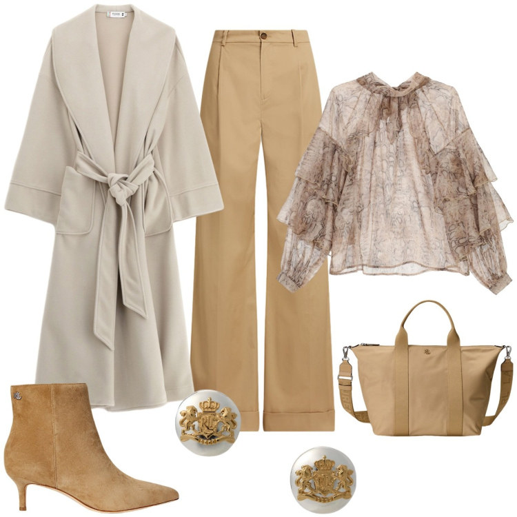 Outfit donna - Mid season. Stile Chic per Tutti i giorni. Abbinamento con cappotti, camicie, stivaletti, orecchini, borse tote, pantaloni.