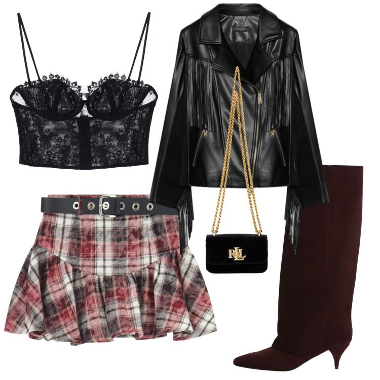 Outfit donna - Total look #2263117. Stile Rock per Serata fuori. Abbinamento con top, minigonne, stivali, pochette, giacche.