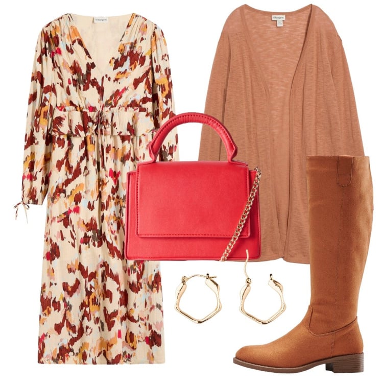 Outfit donna - Autunno con l’abito midi. Stile Bon Ton per Tutti i giorni. Abbinamento con vestiti midi/longuette, cardigans, stivali, orecchini, borse a tracolla.