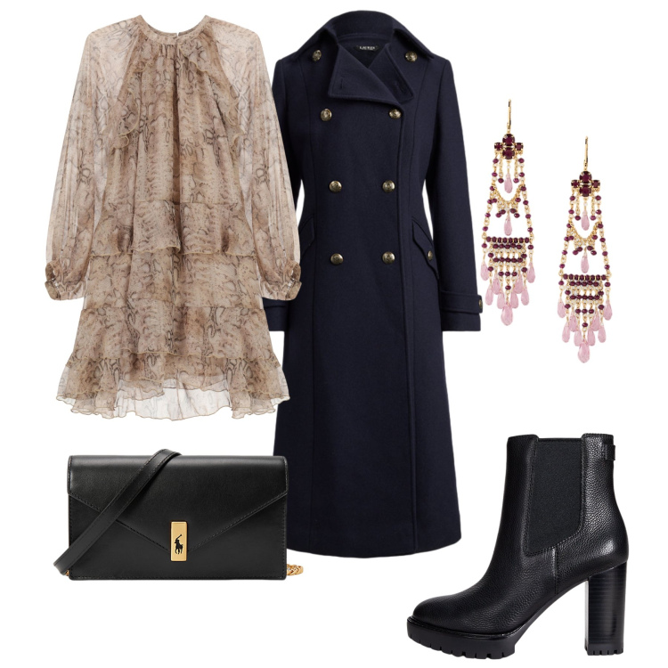 Outfit donna - Total look #2263119. Stile Glamour per Serata fuori. Abbinamento con vestiti corti, orecchini, clutch, cappotti, stivaletti chelsea.