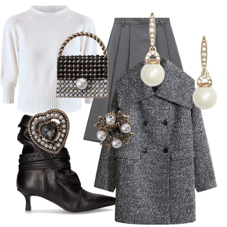Outfit donna - Come una perla. Stile Casual chic per Serata fuori. Abbinamento con cappotti, maglieria, pantaloni, accessori per capelli, orecchini, stivaletti.