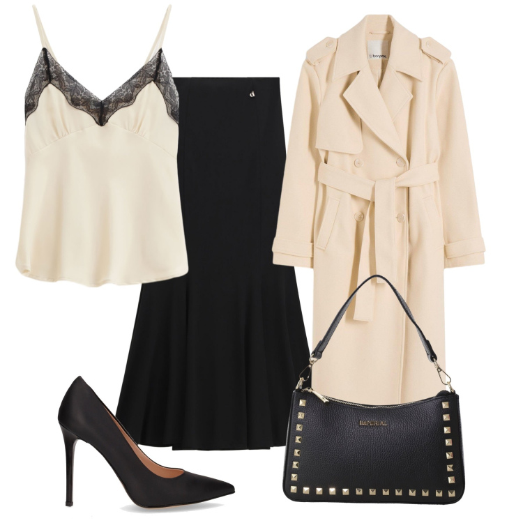 Outfit donna - Total look #2263121. Stile Bon Ton per Serata fuori. Abbinamento con trench, top, gonne lunghe, pochette, décolleté.