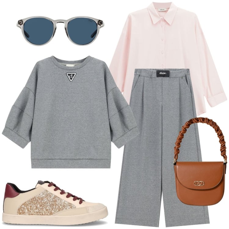 Outfit donna - Sporty chic. Stile Sporty chic per Tutti i giorni. Abbinamento con borse a mano, pantaloni a palazzo, felpe, camicie, occhiali da sole, sneakers.