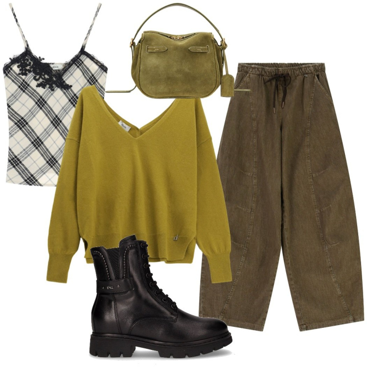 Outfit donna - Abbinamenti di carattere. Stile Trendy per Tutti i giorni. Abbinamento con pantaloni a palazzo, maglieria, top, borse a mano, anfibi.