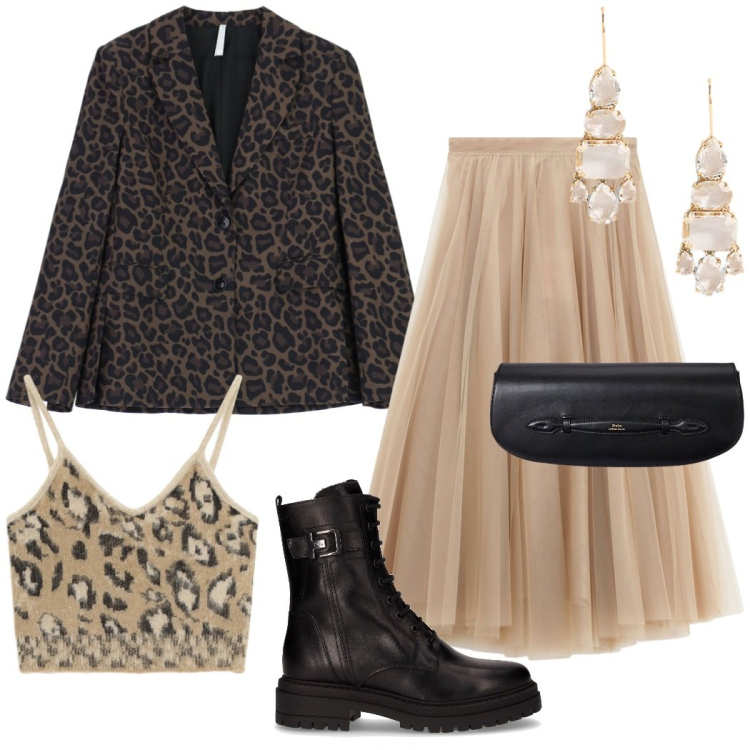 Outfit donna - Contrasti urbani. Stile Rock per Serata fuori. Abbinamento con top, blazer, gonne lunghe, orecchini, clutch, anfibi.