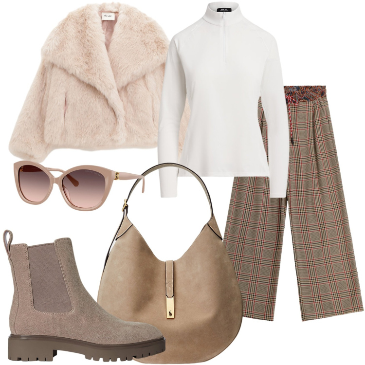 Outfit donna - Giornata in giro. Stile Casual chic per Tutti i giorni. Abbinamento con pantaloni a palazzo, blazer, borse a spalla, occhiali da sole, stivaletti chelsea, pullovers.