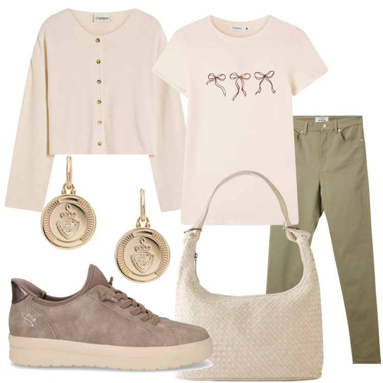 Outfit donna - I primi freddi. Stile Casual chic per Tutti i giorni. Abbinamento con cardigans, shopping bag, t-shirt, pantaloni skinny, orecchini, sneakers.