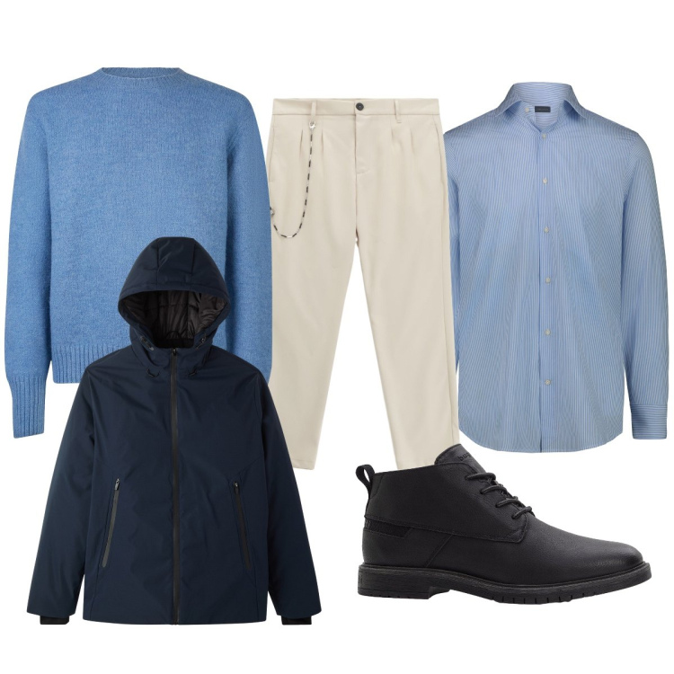 Outfit uomo - Colori chiari. Stile Urban per Ufficio. Abbinamento con stivali e stivaletti, giacche, pantaloni, camicie, maglieria.