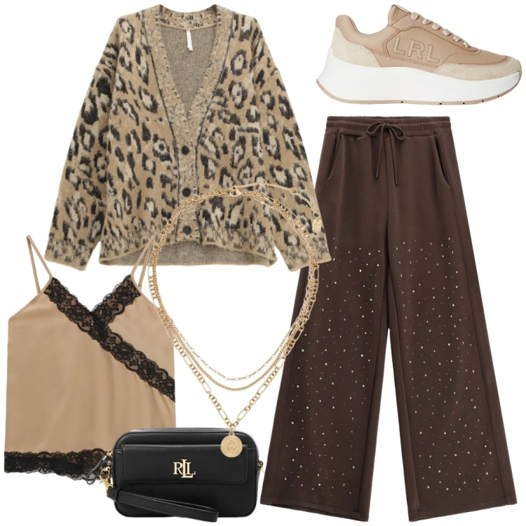 Outfit donna - Sporty chic. Stile Sporty chic per Tutti i giorni. Abbinamento con cardigans, pantaloni, top, sneakers, ciondoli, pochette.