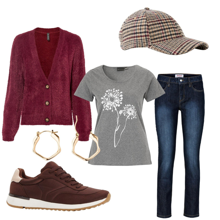 Outfit donna - ....in autunno. Stile Casual per Tutti i giorni. Abbinamento con cardigans, jeans slim fit, sneakers, t-shirt, orecchini, cappelli con visiera.