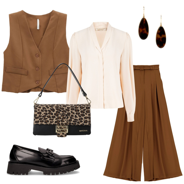 Outfit donna - In marrone. Stile Casual chic per Tutti i giorni. Abbinamento con camicie, gilet, borse a spalla, pantaloni a palazzo, orecchini, mocassini.
