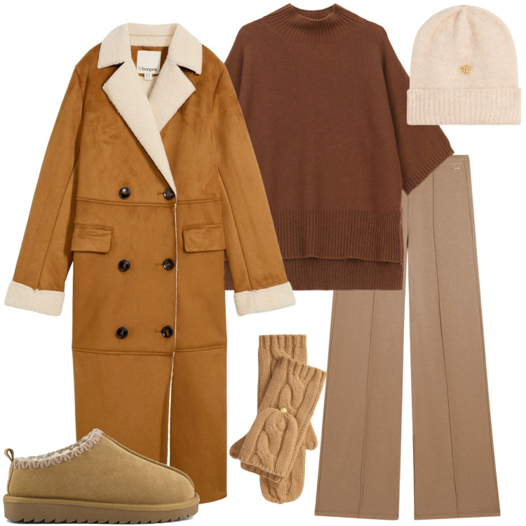 Outfit donna - Eco montone per la montagna. Stile Sporty chic per Tutti i giorni. Abbinamento con cappotti, maglieria, pantaloni, berretti, guanti, sabot.