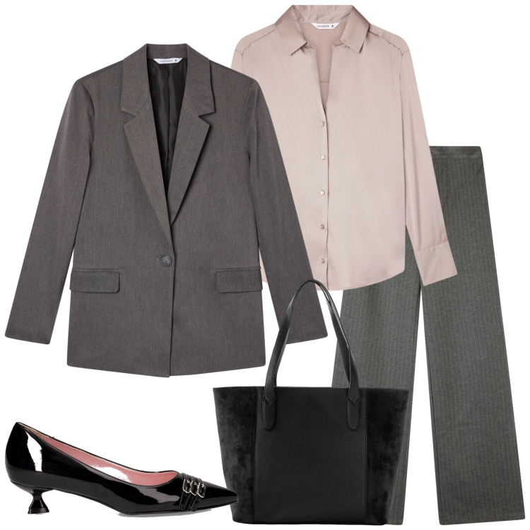 Outfit donna - Riunione il lunedì mattina. Stile Urban per Ufficio. Abbinamento con shopping bag, camicie, pantaloni, blazer, décolleté.