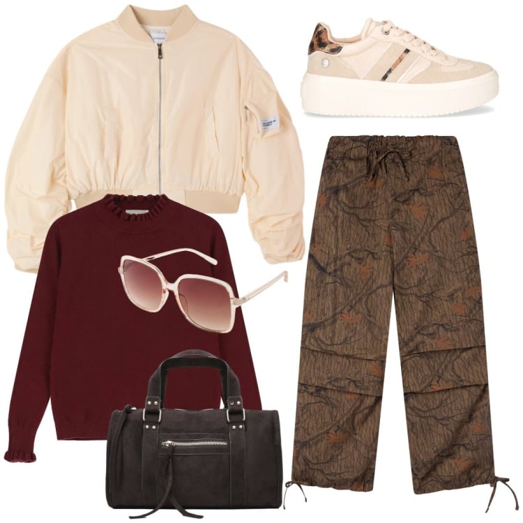 Outfit donna - I cargo fantasia. Stile Urban per Scuola/Università. Abbinamento con occhiali da sole, borse a mano, pantaloni cargo, bomber, maglieria, sneakers.