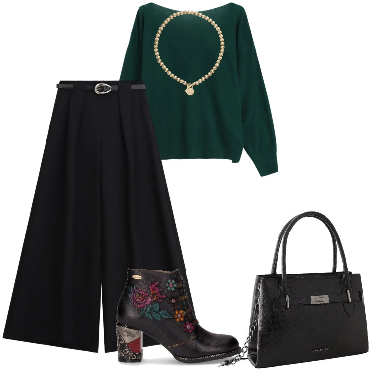 Outfit donna - Total look #2263148. Stile Vintage retrò per Tutti i giorni. Abbinamento con borse a mano, cardigans, pantaloni a palazzo, collane, stivaletti.
