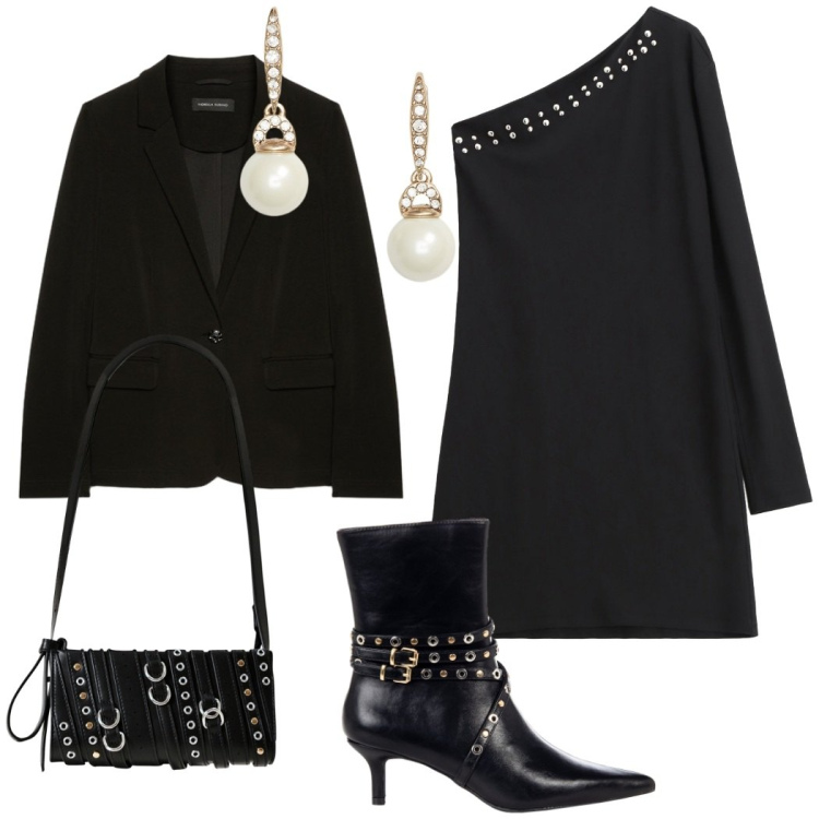 Outfit donna - Soft rock. Stile Rock per Serata fuori. Abbinamento con vestiti asimmetrici, stivaletti, borse a spalla, orecchini, blazer.