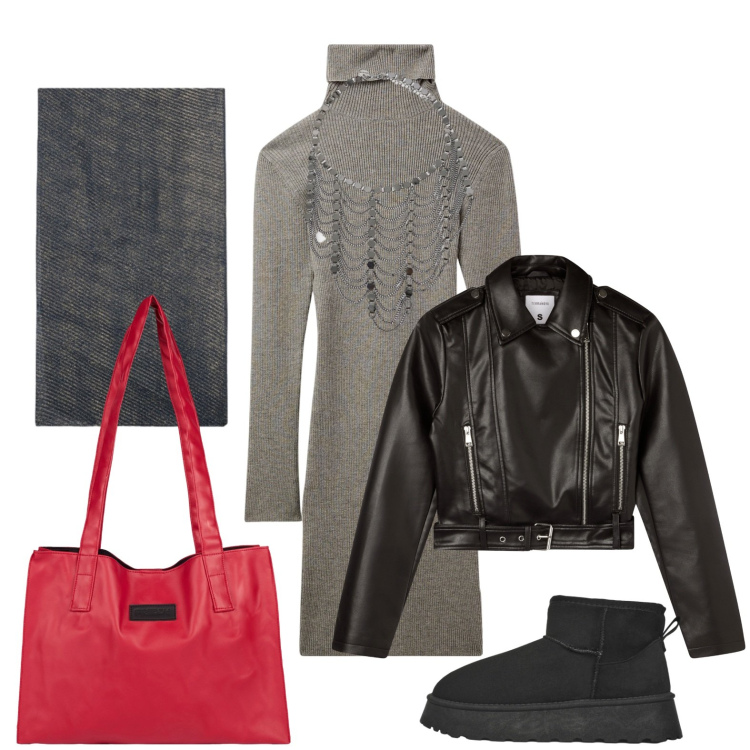 Outfit donna - Buongiorno biker. Stile Minimal per Scuola/Università. Abbinamento con vestiti corti, stivaletti, giacche, collane, shopping bag, stole.