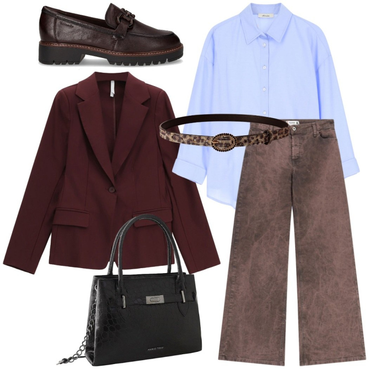 Outfit donna - Allure maschile. Stile Mannish per Ufficio. Abbinamento con borse a mano, cinture, pantaloni a palazzo, camicie, blazer, mocassini.