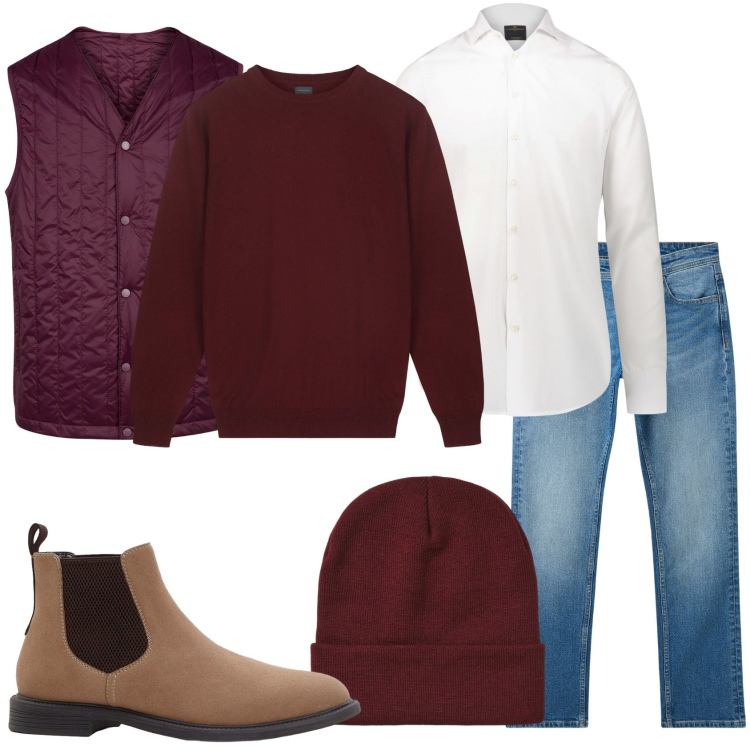 Outfit uomo - La giornata in giro. Stile Urban per Tutti i giorni. Abbinamento con stivali e stivaletti, jeans, berretti, camicie, piumini, maglieria.