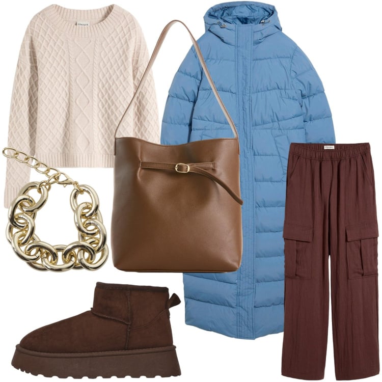 Outfit donna - Piumino confortevole. Stile Casual per Scuola/Università. Abbinamento con cappotti, borse a mano, maglieria, pantaloni cargo, stivaletti, portafogli.