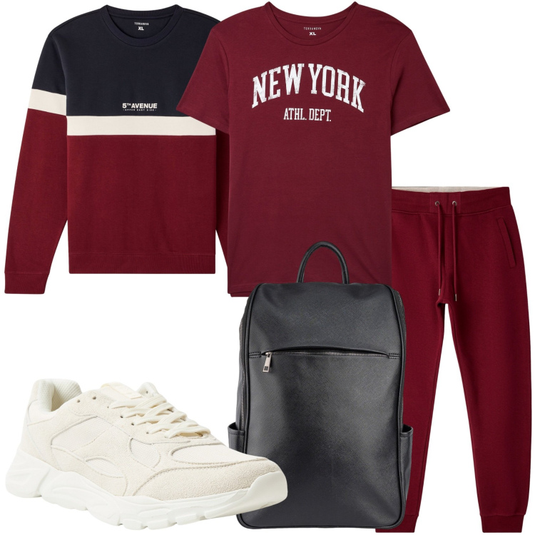 Outfit uomo - Sportivo nel fine settimana. Stile Casual per Tutti i giorni. Abbinamento con t-shirt, sneakers, pantaloni, felpe, borse sportive.