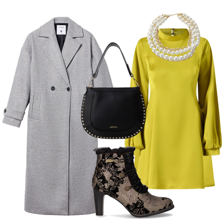 Outfit donna - Il cappotto top. Stile Chic per Serata fuori. Abbinamento con cappotti, vestiti corti, borse a spalla, collane, stivaletti.