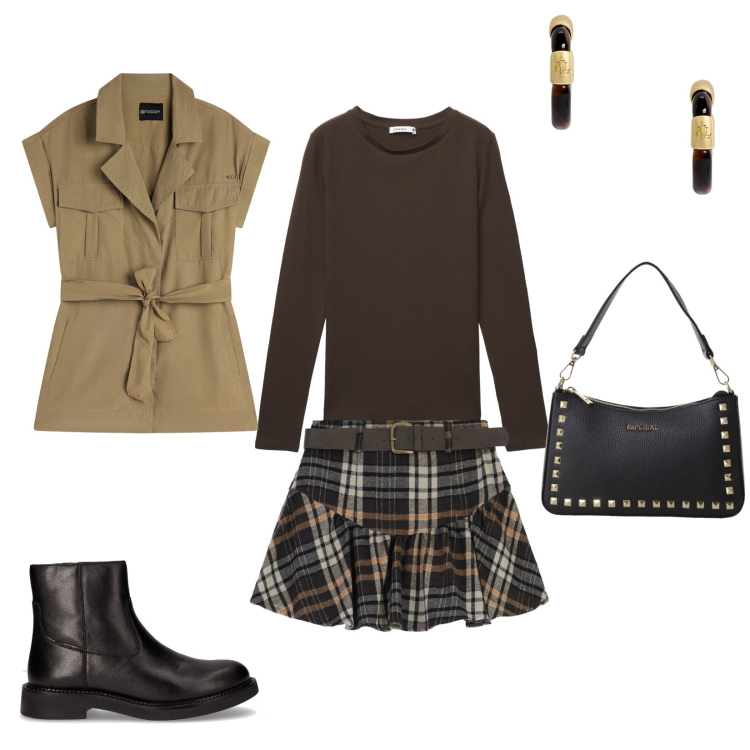 Outfit donna - Trench autunnale. Stile Casual chic per Tutti i giorni. Abbinamento con t-shirt, minigonne, pochette, trench, orecchini, stivaletti chelsea.